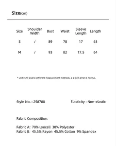 Size guide and material composition for the off-shoulder waist-cinching T-shirt.
