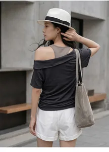 Back view showing the off-the-shoulder design of a women's layered grey T-shirt.