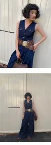 Vista dettagliata del gilet in denim lavato retrò e pantaloni larghi sulla modella.