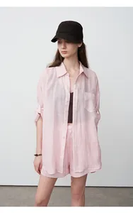 Light pink tencel ramie relaxed fit shirt and shorts set for summer sun protection