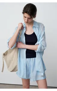Women's light blue tencel ramie sheer shirt and matching shorts casual summer set