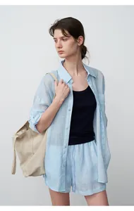 Detail view showing light blue tencel ramie casual shirt and shorts set for women