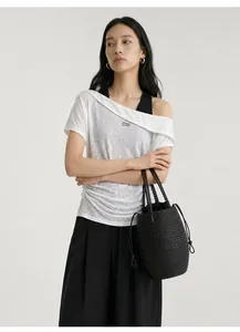 Detailed view of women's off-shoulder fake two-piece T-shirt with 'CHILL' letter print