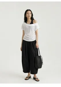 Full-length model shot of white off-shoulder layered T-shirt with ruched waist detail