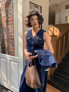Gilet di Jeans da Donna Vintage Scollo a V Lavato Blu Giacca Senza Maniche Con Bottoni Tasche per Autunno Casual