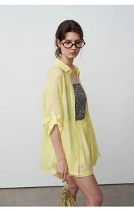 Lightweight yellow tencel ramie oversized sun protection shirt for effortless summer style