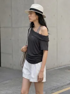 Women's off-shoulder faux two-piece letter T-shirt with pleated waist in dark grey.