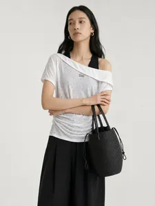 Chic off-shoulder layered t-shirt for women featuring ruched waist and CHILL print design
