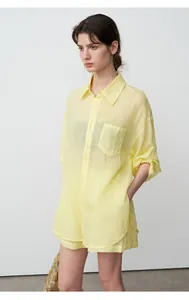 Stylish loose fit yellow tencel ramie shirt for women, summer casual oversized style