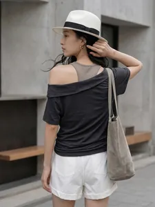 Chic women's off-shoulder layered T-shirt in charcoal gray with a stylish pleated waist.