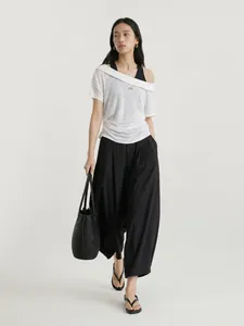 Women's off-shoulder fake two-piece T-shirt with pleated waist and CHILL letter print
