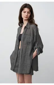 Detailed view of lightweight grey tencel ramie oversized shirt for summer sun protection