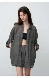 Effortless tencel ramie oversized shirt for women in charcoal gray with a relaxed fit