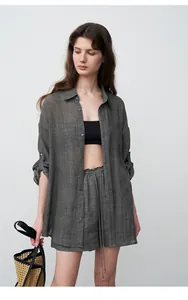 Grey tencel ramie loose-fit shirt and shorts set for women, minimalist summer casual style.