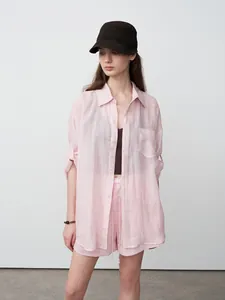 Women Lazy Style Tencel Ramie Shirt Loose Long Sleeve Sun Protection Cardigan Top Solid Color Blouse With Pocket