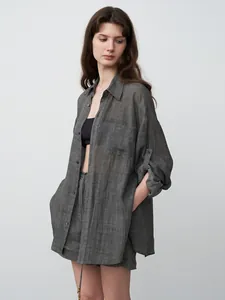 Oversized charcoal grey Tencel ramie shirt for women, minimalist chic summer style