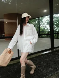 Oversized white tencel ramie shirt for women with long sleeves and front pocket