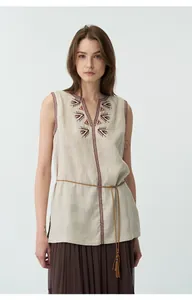 Gilet vintage in lino ricamato per donna con scollo a V e cintura con nappe stile boho