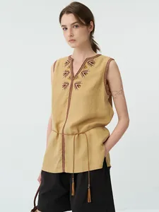 Gilet da donna in lino con ricamo vintage e scollo a V in tonalità giallo kaki caldo