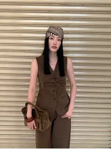 Minimalist brown cotton blend V-neck sleeveless vest with waist-slimming fit for women
