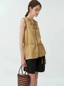 Gilet in lino ricamato vintage con scollo a V da donna, top estivo senza maniche