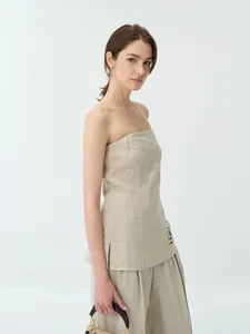 Élégant haut bustier en lin beige pour femmes avec détails de broderie ajourée fine