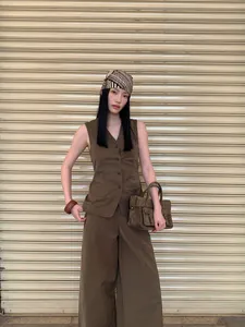Minimalist brown cotton blend V-neck sleeveless vest with matching wide-leg trousers