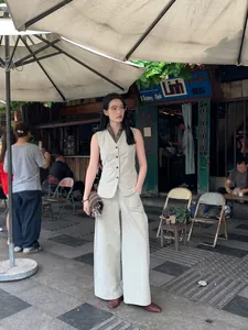 Minimalist beige V-neck sleeveless vest and wide leg trousers set for women