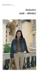 Chic American lapel gradient washed denim jacket worn by model in street setting