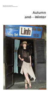 Asian model wearing early autumn asymmetric ruffled skirt in a vintage street setting