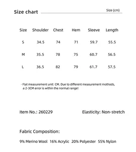 Detailed size chart and fabric composition table for the women's knit cardigan top.