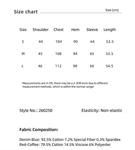 Detailed size chart and fabric composition for American vintage wash short denim jacket