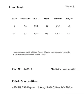 Tabla de tallas detallada y composición del material para chaqueta de cuero PU mujer
