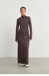 Full view of women's Lenzing Modal knit straight maxi skirt set in dark mauve