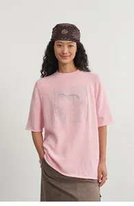 Women's pink crew neck knit top with silver jacquard detailing and loose half sleeves