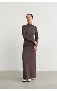 Athletic casual long modal knit skirt with matching zip-up top in dark plum color