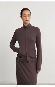 Detailed look at the Lenzing modal knitted straight skirt paired with a zip-up jacket