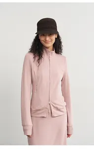 Elegant dusty pink modal knit zip-up jacket paired with a matching long skirt for women