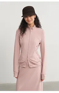 Elegant pink modal knit straight long skirt set worn by a model for a casual autumn look