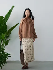 Elegante Chiffon-Halter-Bluse mit freien Schultern für Damen im sanften Urlaubsstil