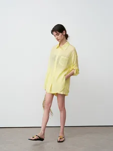 Loose pale yellow tencel ramie shirt and shorts set for women in summer lazy style