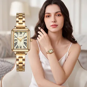Reloj de Cuarzo Cuadrado Vintage para Mujer Con Números Romanos Caja de Aleación Correa de Metal Cuero Reloj de Pulsera Business