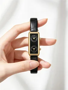 Close-up of Gedi French retro rectangular watch with dual dials and black leather strap.