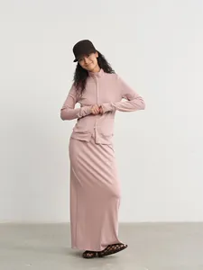 Women Modal Cotton Knit Straight Long Skirt Casual High Waist Elastic Jersey Maxi Skirt Soft Comfortable Autumn Leisure Bottom
