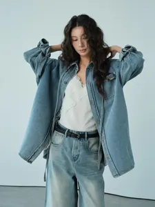Chaqueta Vaquera Lavada de Gran Tamaño para Mujer Largo Medio Ropa de Abrigo de Algodón Informal Manga Larga Negro