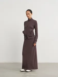 Elegant dark purple modal knit straight long skirt set for women's sports casual wear