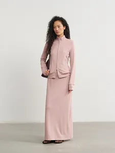 Soft pink modal knit long skirt and matching slim-fit zip-up jacket set for women