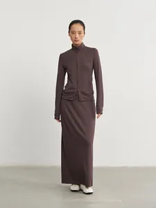 Elegant Lenzing Modal knitted straight long skirt and zip jacket set for women
