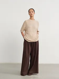 Loose beige crew neck sweater with silver jacquard and five-point sleeves