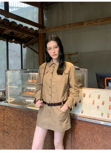 Vintage-Hemdkleid im amerikanische Stil mit Gürtel Utility-Khaki-Minirock für Damen